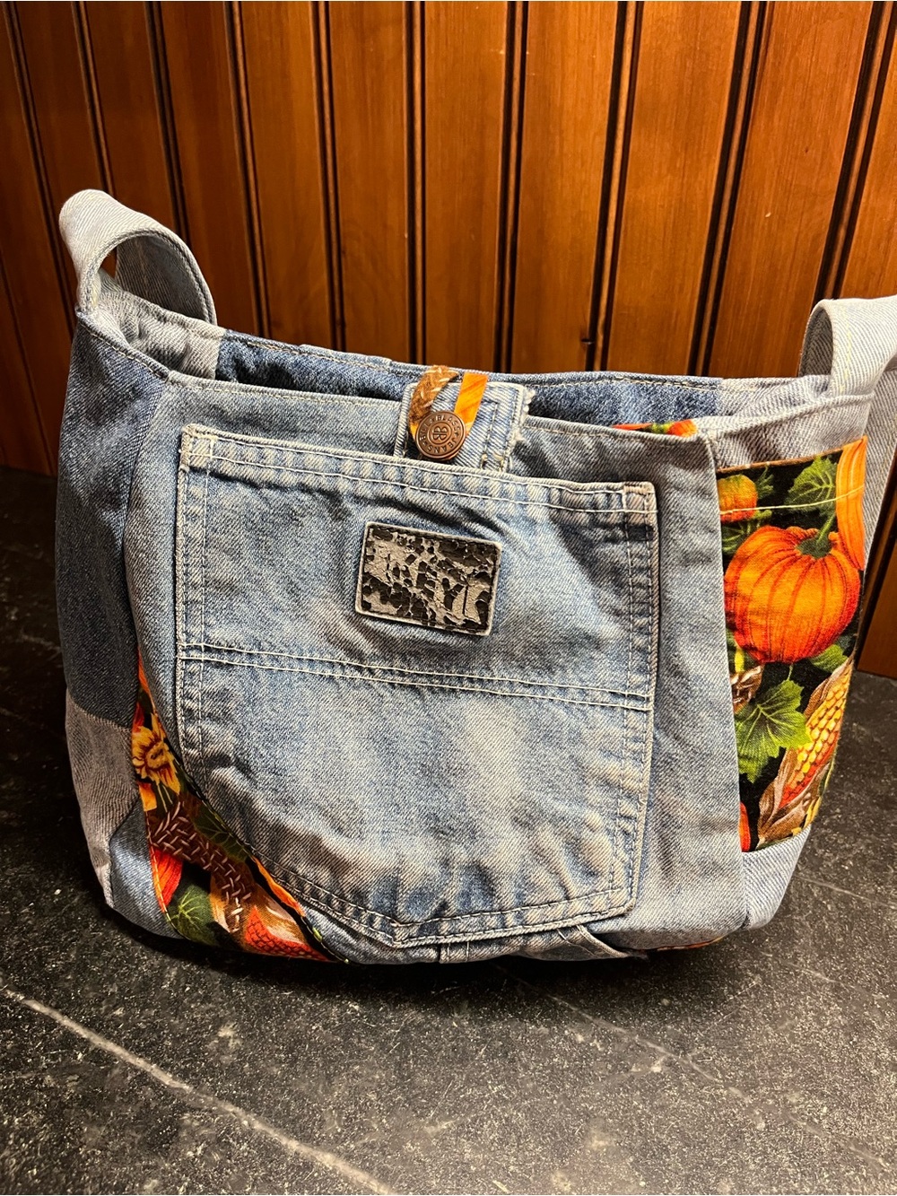 Hand Crafted Recycled Denim Shoulder Bag with Orange Pumpkin Panels - Blue